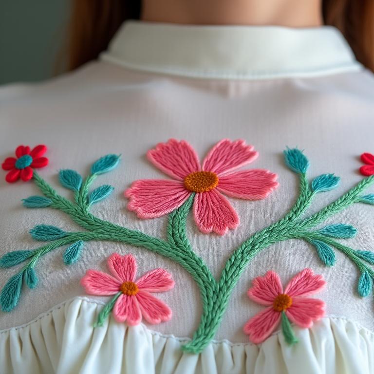 Pormenor de uma blusa com flores bordadas à mão.