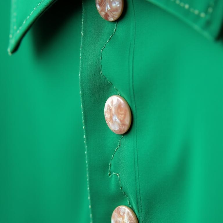 Detalhe de uma camisa de seda verde com botões de madrepérola.