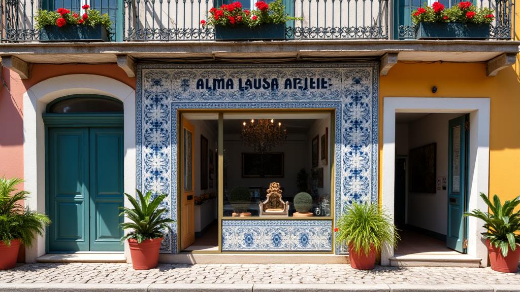 Fachada do ateliê Alma Lusa numa rua típica de Lisboa com azulejos e varandas floridas.