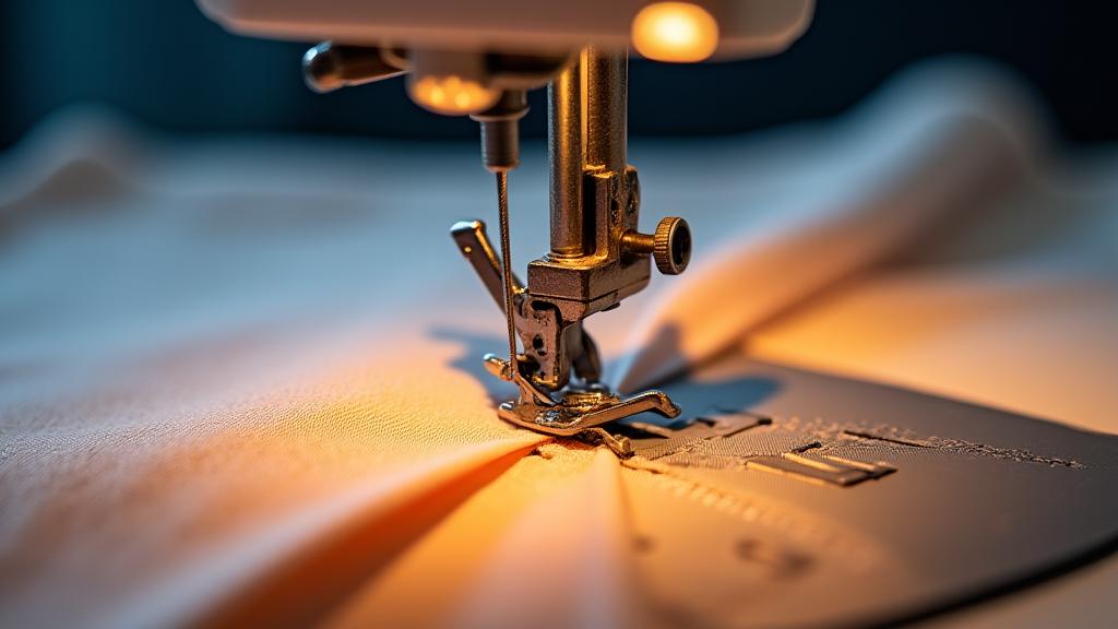 Máquina de costura a trabalhar num detalhe de uma peça de roupa, com linhas e agulha em foco.