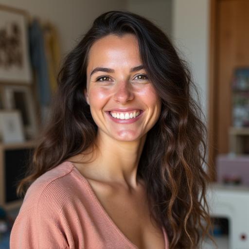 Retrato de Sofia Costa, a criadora do Alma Lusa Atelier, a sorrir no seu estúdio com tecidos e esboços ao fundo.