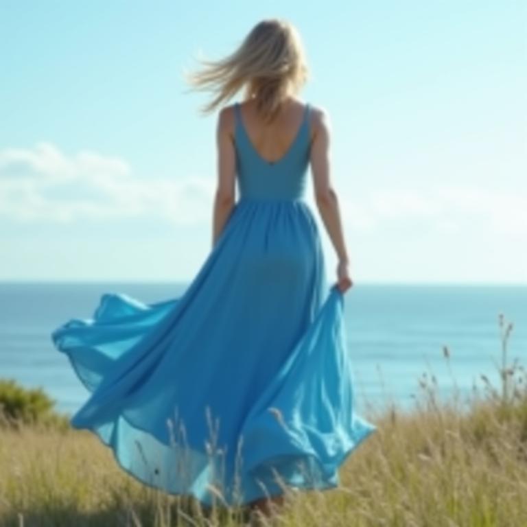 Vestido longo azul a esvoaçar com o vento.